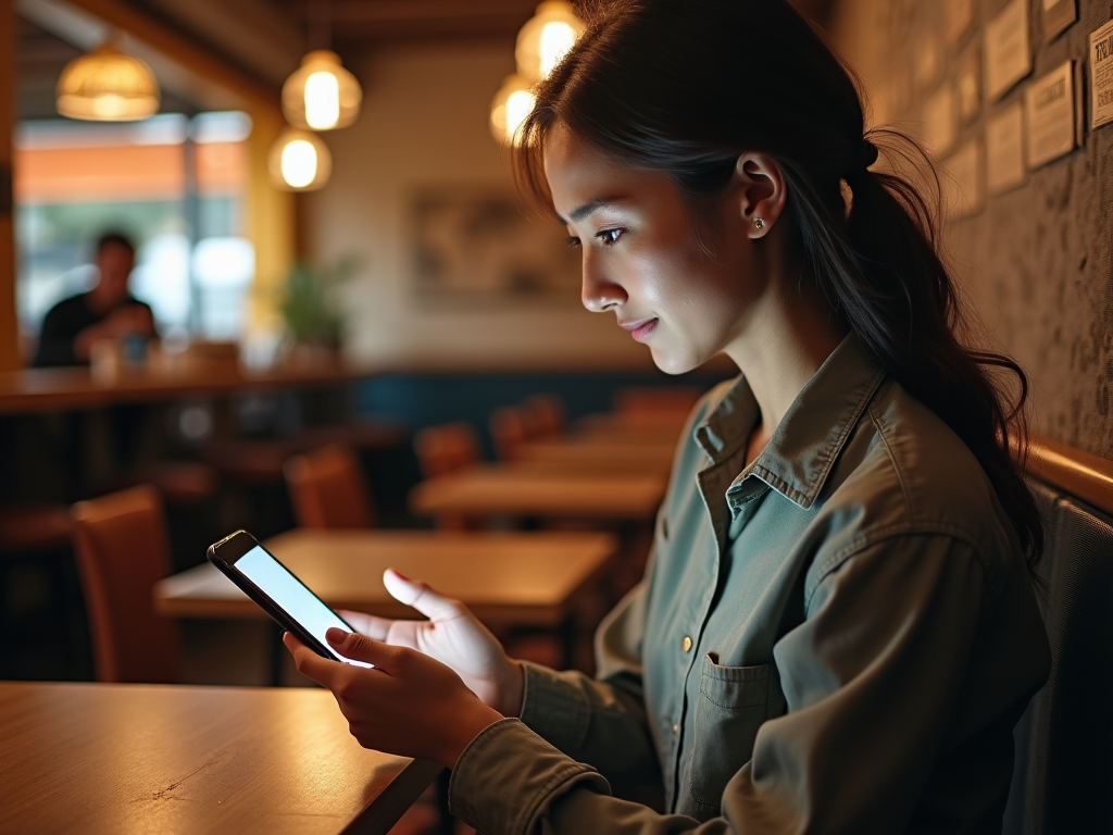 Young woman using a smartphone in a warmly lit cafe, sitting by the window.