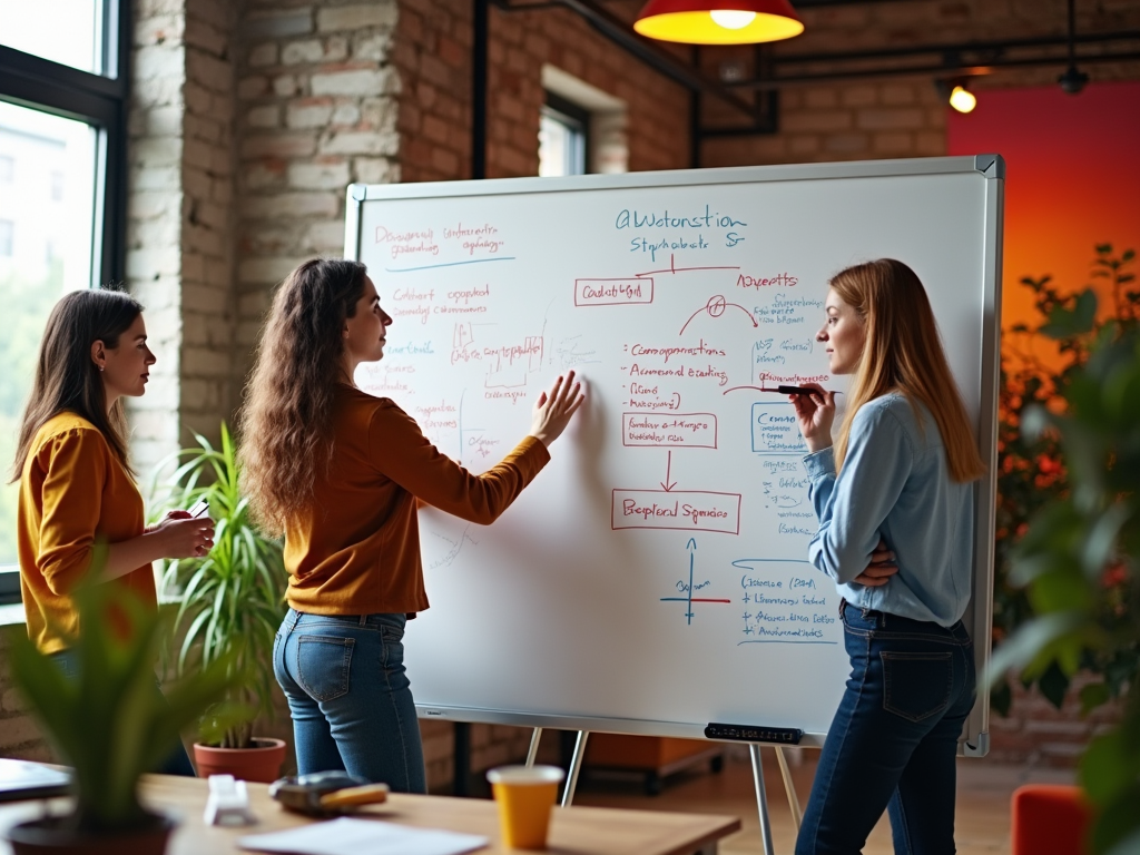 Two women discussing a complex topic on a whiteboard in a modern, brick-walled office.