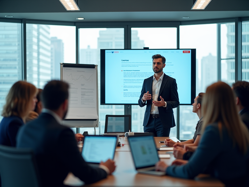 Man presenting in business meeting with attentive colleagues in a modern office.