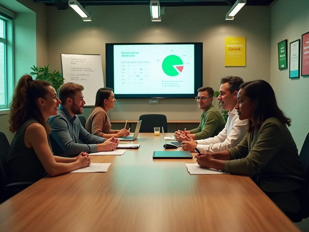 Group of professionals engaging in a business meeting with a presentation on a screen.