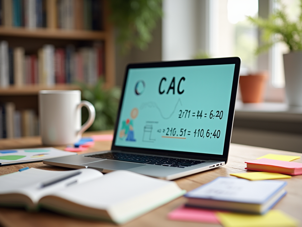 Laptop displaying graphs and data on "CAC" with coffee mug and notepads on a desk, set against a bookshelf.