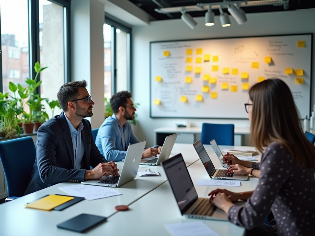 Three professionals work on laptops in a modern office with whiteboards and sticky notes.