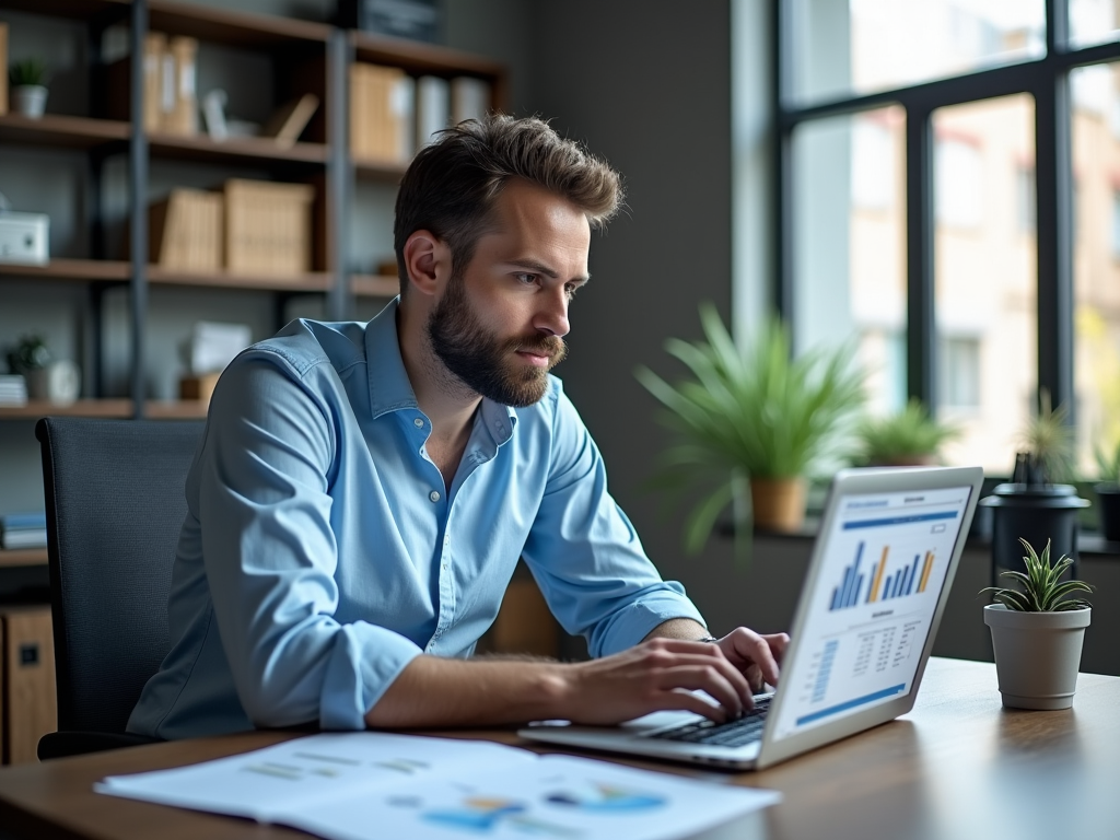 Man intently working on laptop with business graphs on screen, in a modern office environment.