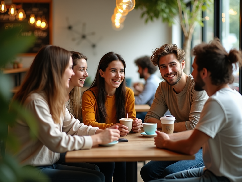 Two women and two men smiling and chatting around a table with coffee cups in a cozy cafe.