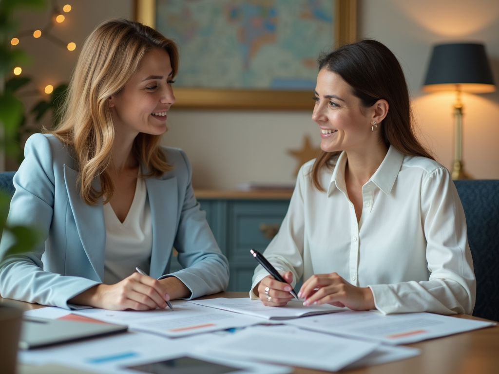 Two professional women smiling and discussing over documents at a desk in an office.