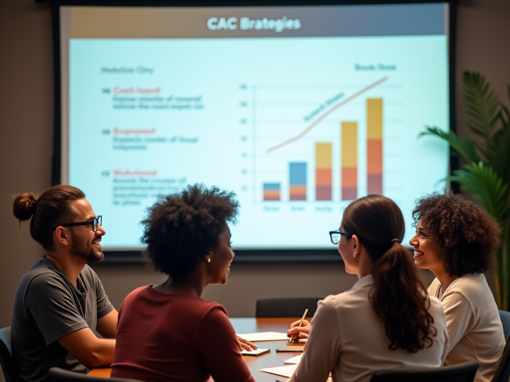 Four professionals discussing strategies in front of a presentation slide showing bar charts.