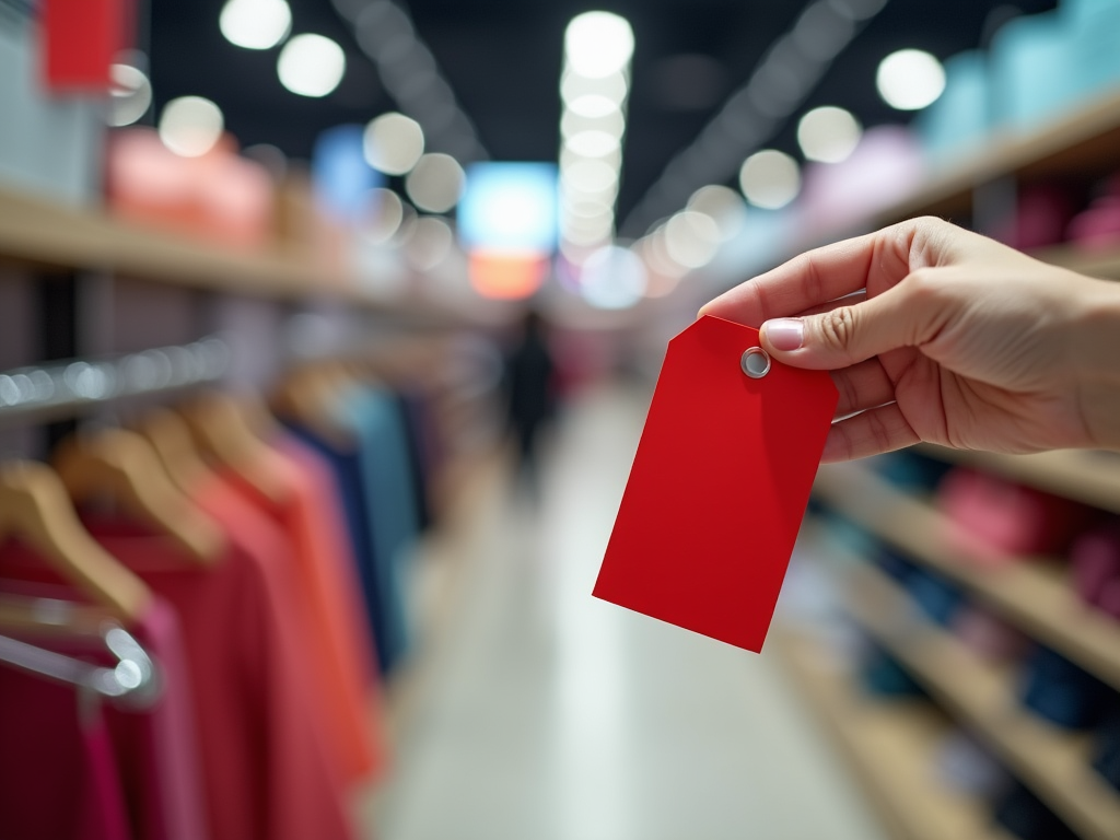 Close-up of a hand holding a red price tag in a clothing store with blurred background.