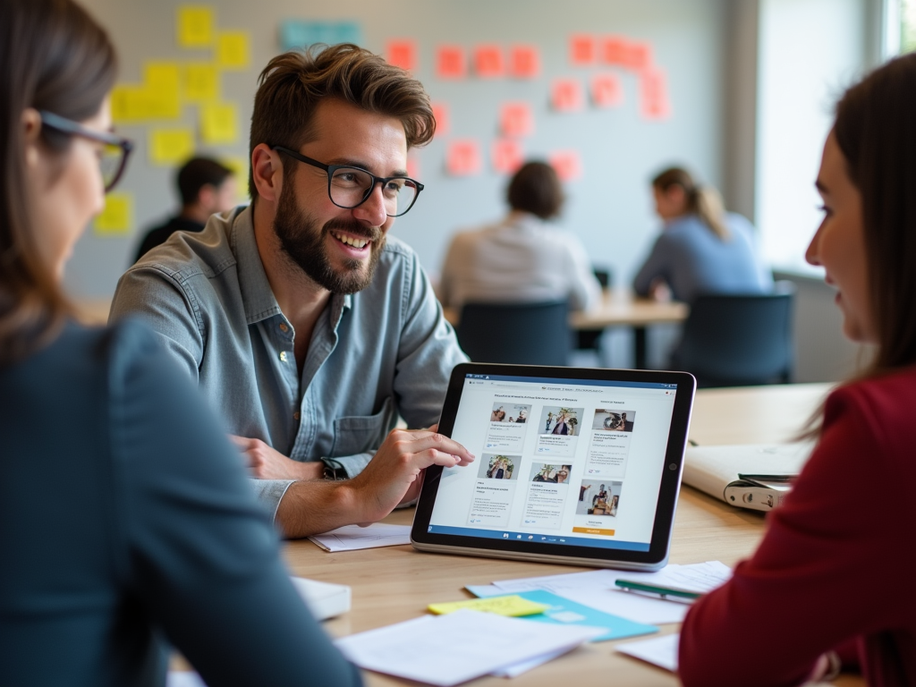 Three professionals discussing over a tablet in a vibrant office with sticky notes.