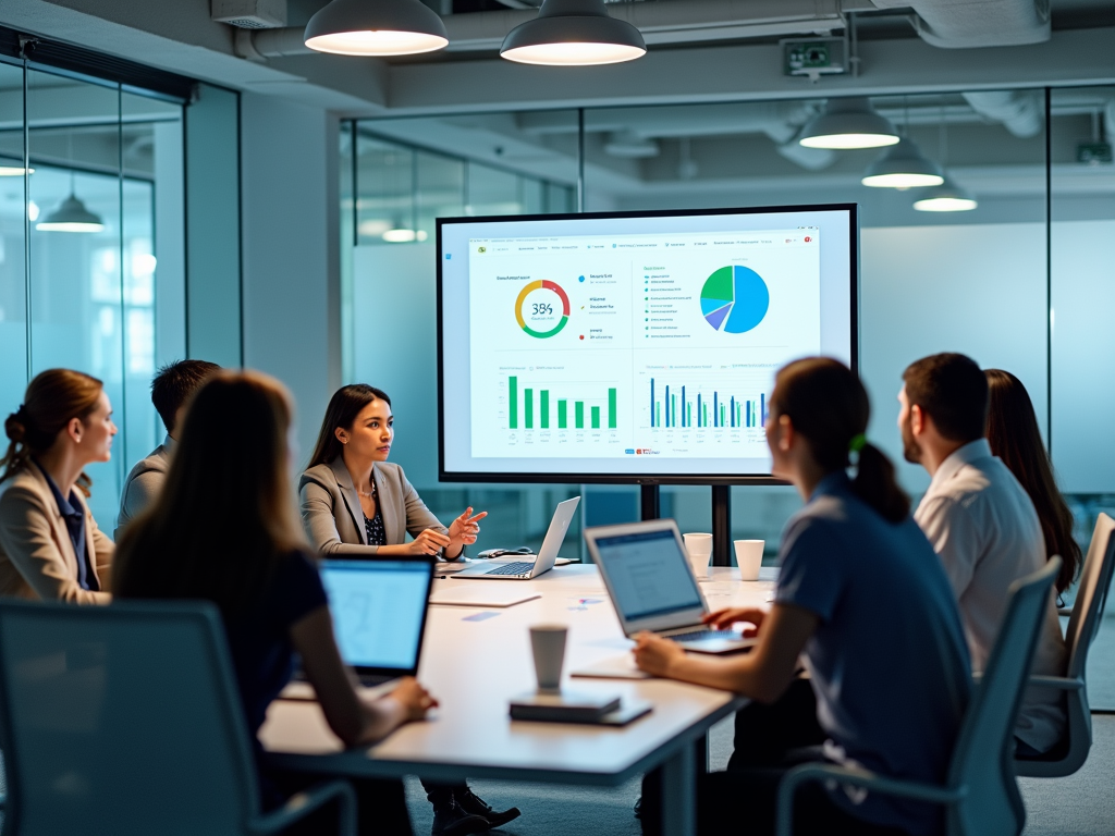 Business team discussing data charts in a modern office meeting room.