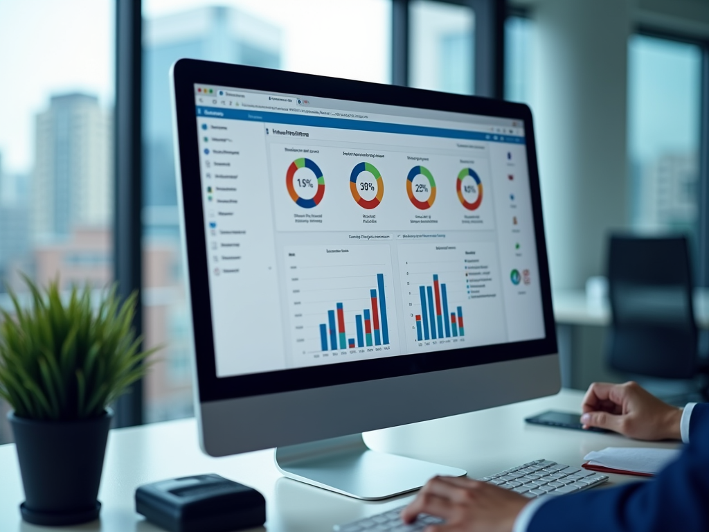 Business professional analyzing colorful data charts on a computer screen in an office setting.