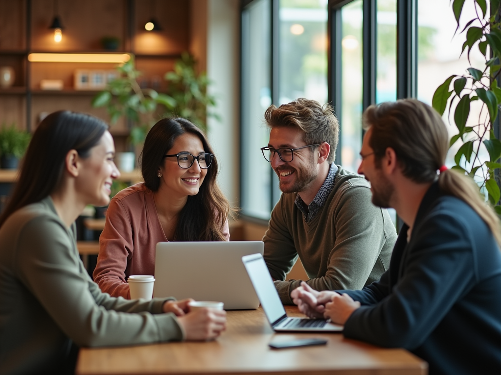 Four colleagues smiling and discussing over a laptop in a cozy cafe setting.