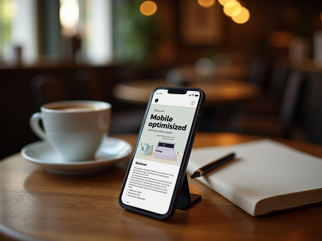 Smartphone displaying a website about mobile optimization on a stand, with a coffee cup and notebook on a café table.