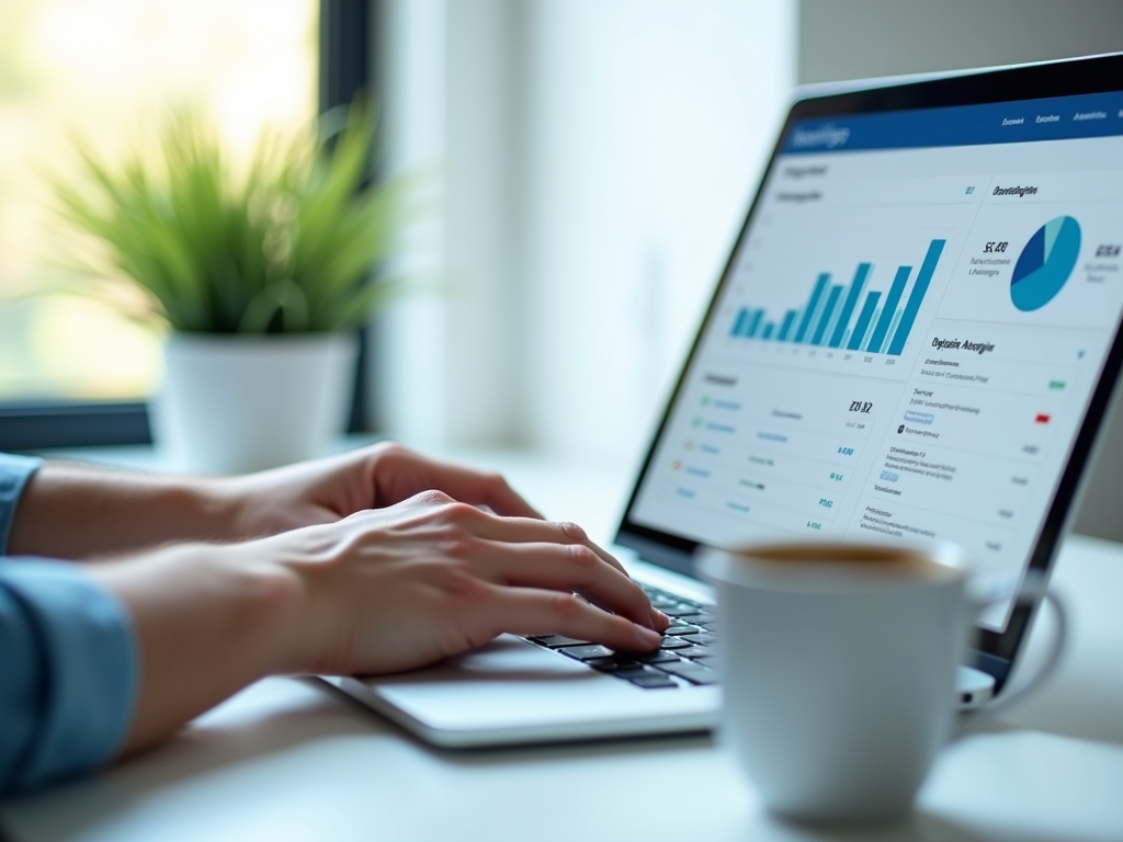 Person typing on a laptop displaying graphs and data analysis, with a coffee cup in the foreground.