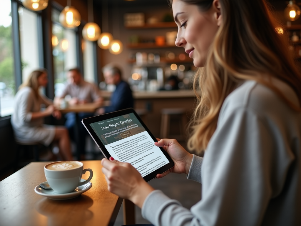 A woman sits in a café, looking at a tablet while holding a cup of coffee. Friends chat in the background.