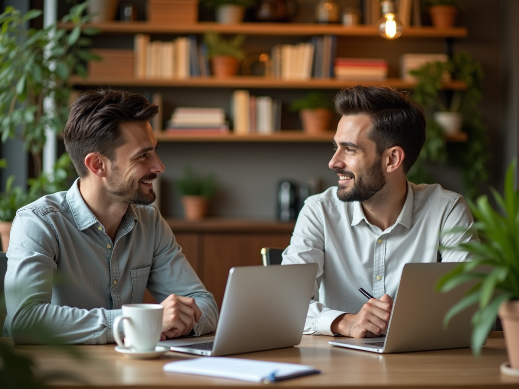 Two young men smile and engage in conversation at a table with laptops, coffee, and plants in a cozy workspace.