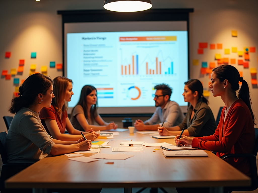 A group of six people in a meeting room discussing a presentation with charts and notes on the wall.