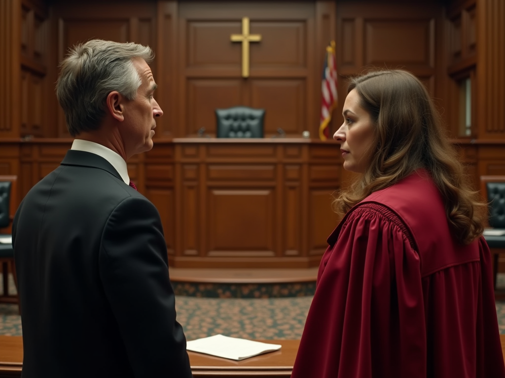 A judge in a red robe and a man in a suit face each other in a courtroom with a cross and American flags.