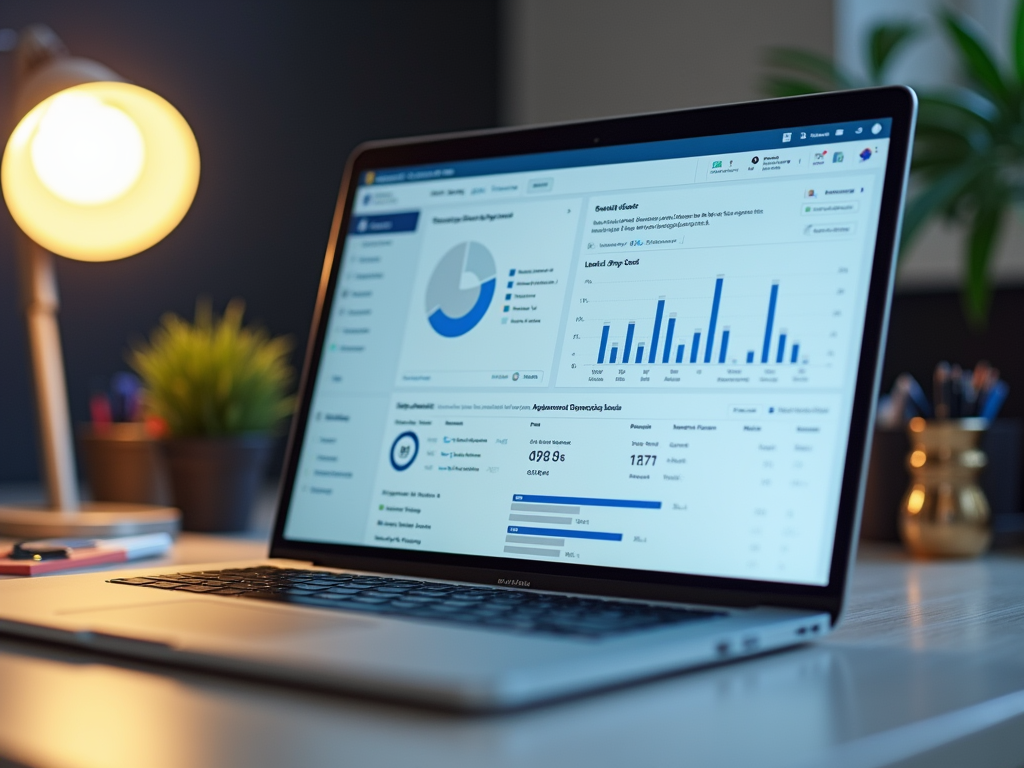 A laptop displaying analytical data with charts and graphs, accompanied by a desk lamp and a small plant.