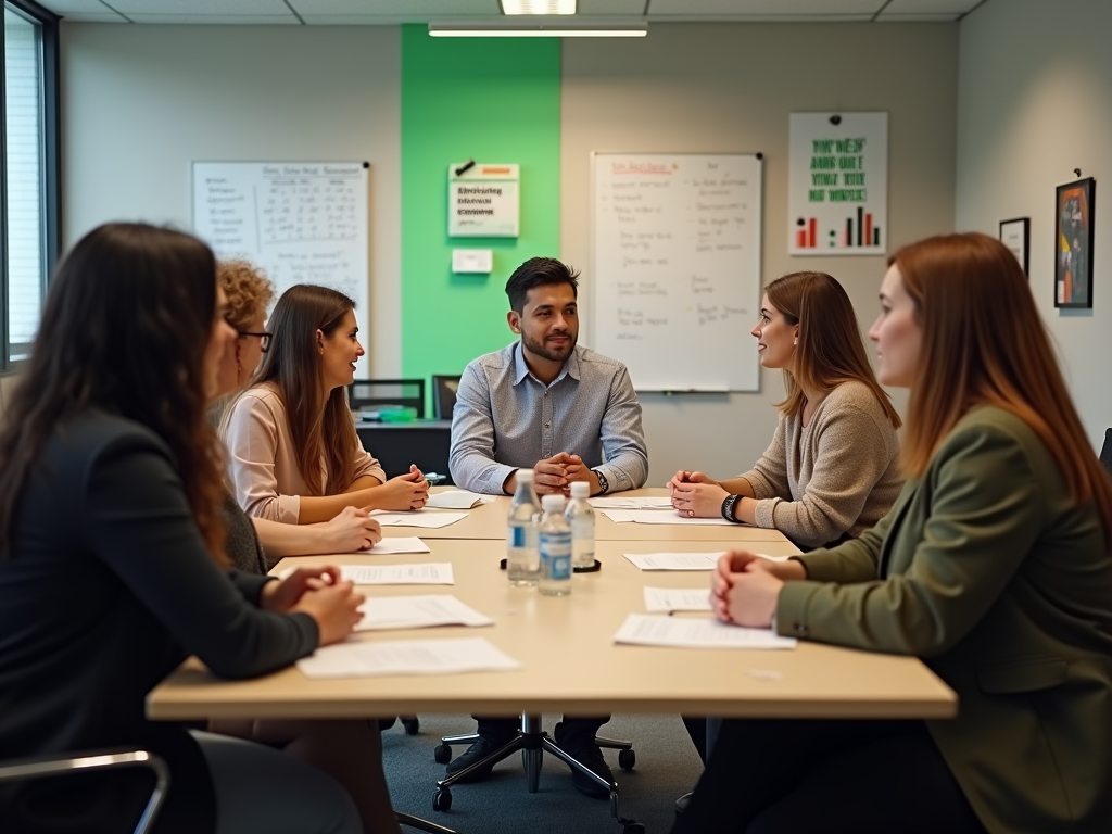 A diverse group of six professionals engaged in a meeting around a table, discussing and sharing ideas.