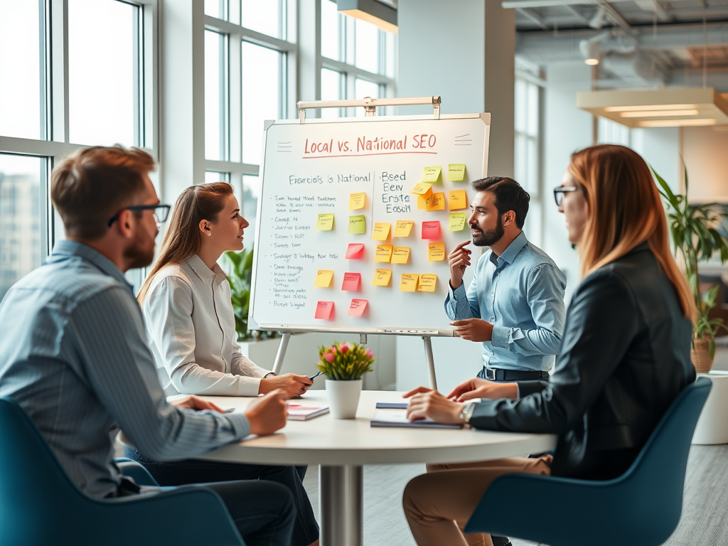 A diverse group of professionals discusses Local vs. National SEO strategies in a modern office setting, surrounded by notes.