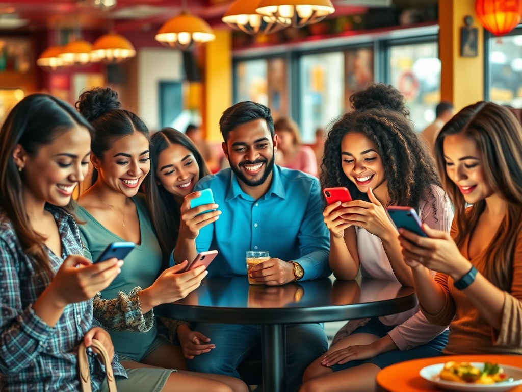 A group of six friends enjoying time together at a cafe, all engaged with their smartphones around a table.