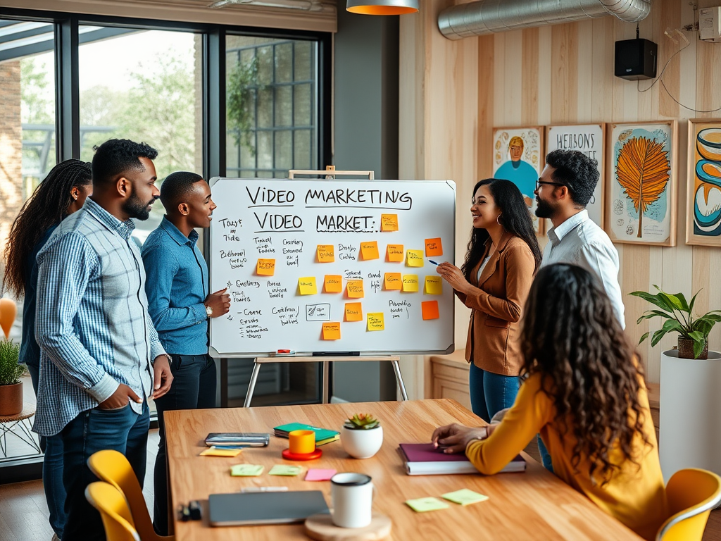 A diverse group of professionals collaborates around a whiteboard discussing video marketing strategies.