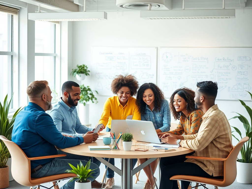 A diverse group of six people collaborating around a table with laptops and notebooks in a bright office space.