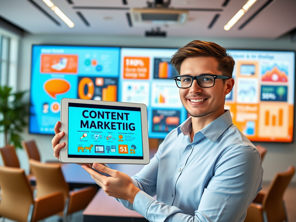 A smiling young man in glasses holds a tablet displaying "CONTENT MARKETING" in a modern conference room.