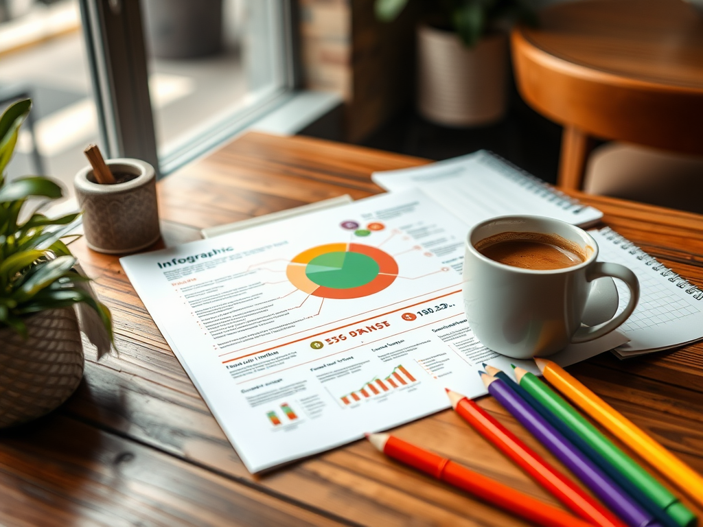 A workspace with an infographic, a coffee cup, colored pencils, and a plant on a wooden table near a window.