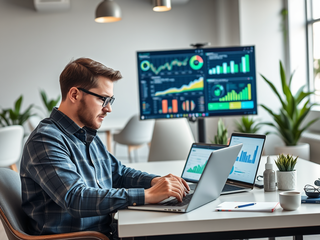 A man in glasses works on a laptop, analyzing data on screens in a modern office with plants.