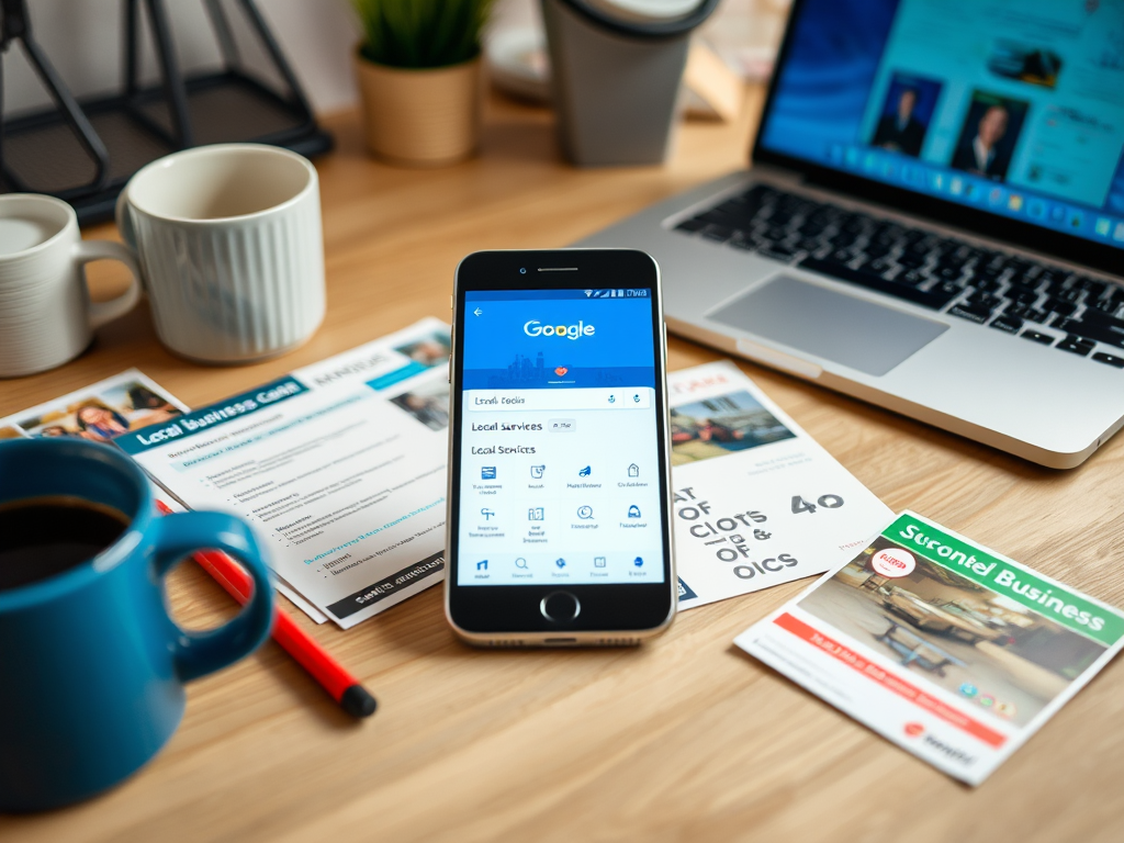 A smartphone displaying Google search is on a desk with coffee, papers, and a laptop in the background.