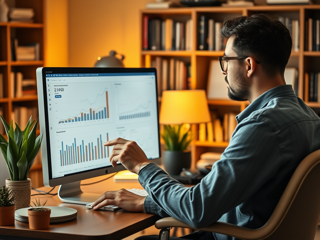 A man analyzes data on a computer screen in a cozy office, with plants and shelves of books in the background.