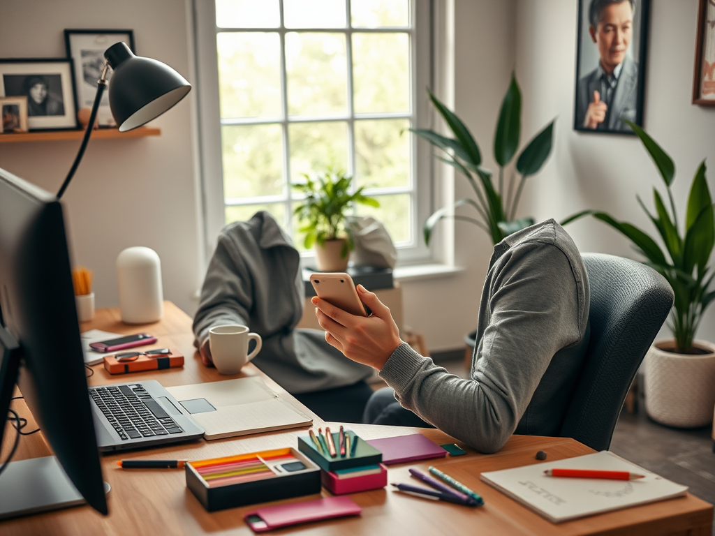 A person in a hoodie sits at a desk, holding a phone and a cup, with a laptop and stationery around them.