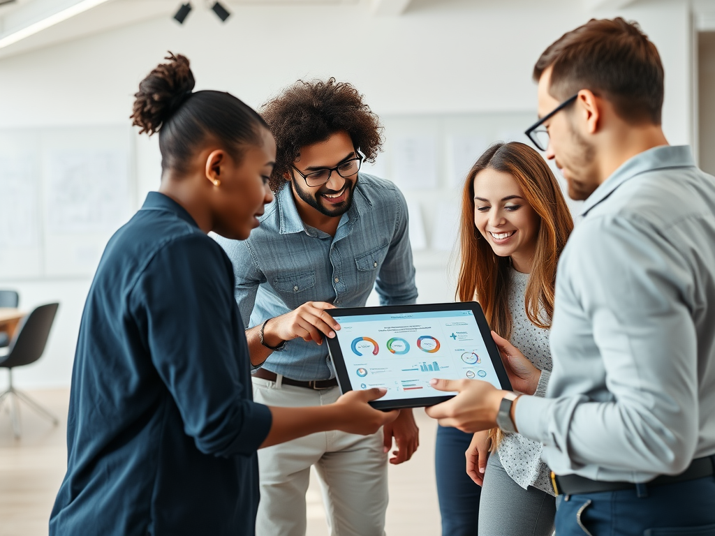 A group of four young professionals collaborate, analyzing data displayed on a tablet screen in an office setting.