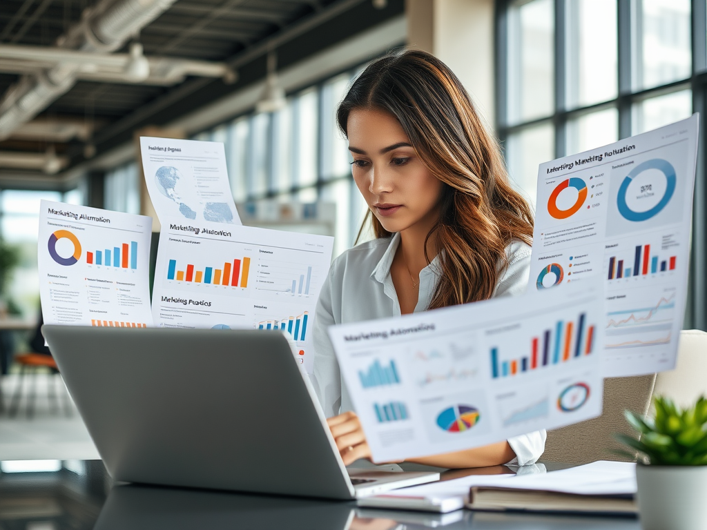 A woman analyzes multiple marketing charts and graphs while working on a laptop in a modern office setting.