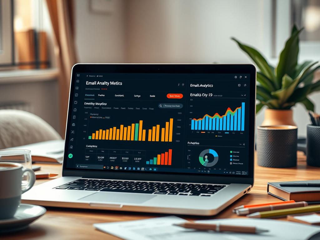 A laptop displaying email analytics metrics with colorful graphs and charts on a wooden desk. A coffee cup is visible.