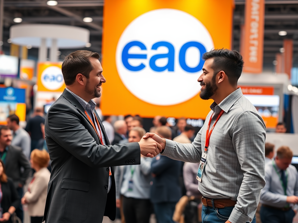Two men in business attire shake hands at a lively event, with a large "eao" logo in the background.