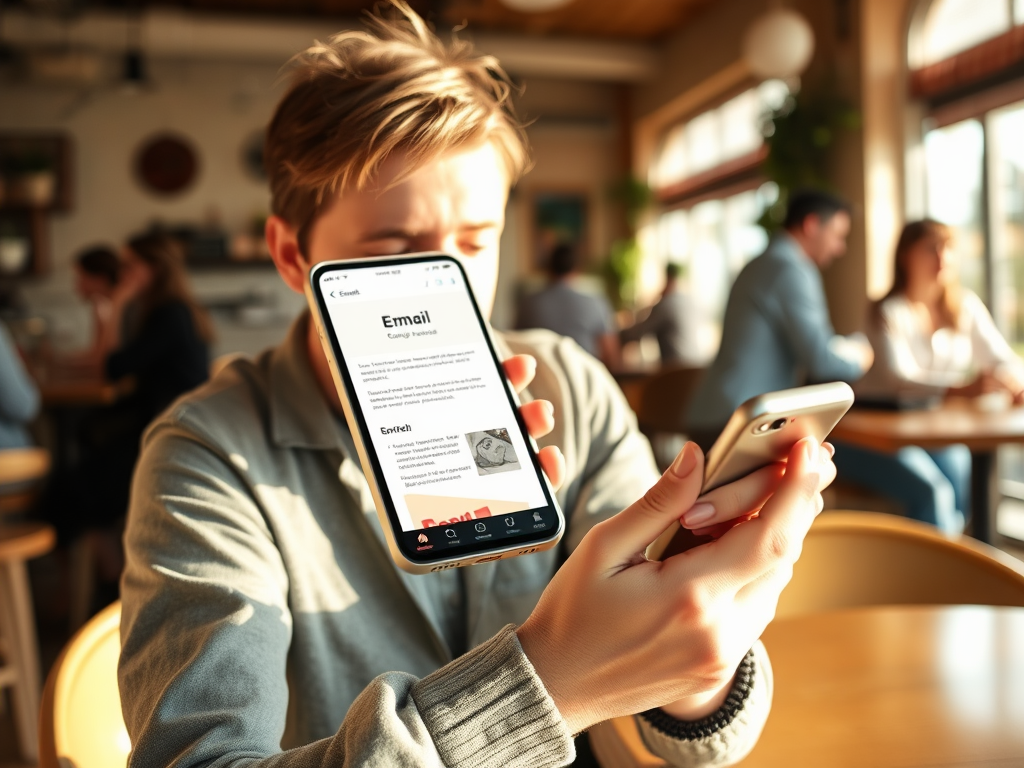 A person sits in a café, looking at a phone displaying an email while holding another phone. Warm light fills the space.