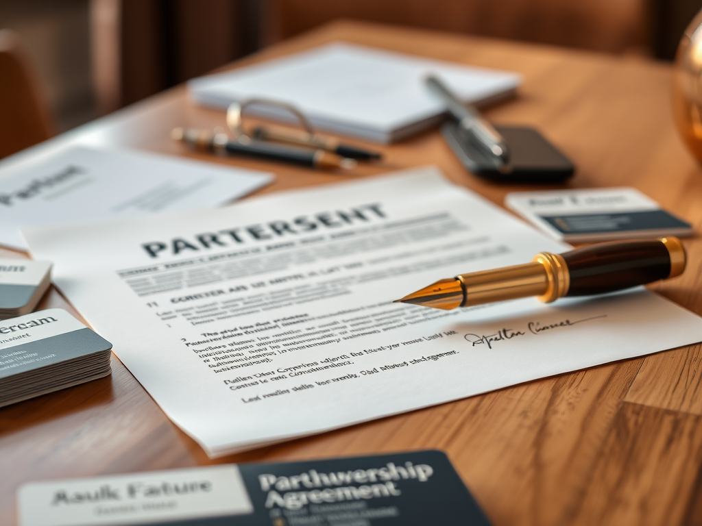 A contract titled "PARTERSENT" is displayed on a wooden table alongside business cards and a pen.