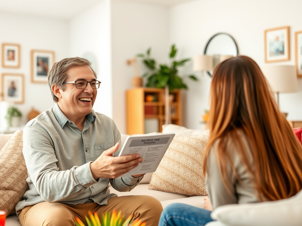 A smiling man shows a book to a woman, both sitting comfortably in a cozy living room.