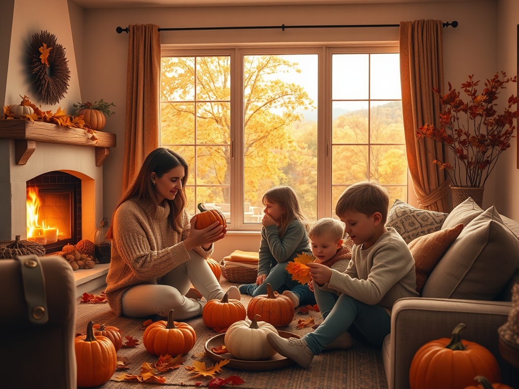 A cozy autumn scene with a woman and three children playing with pumpkins and leaves by a warm fireplace.