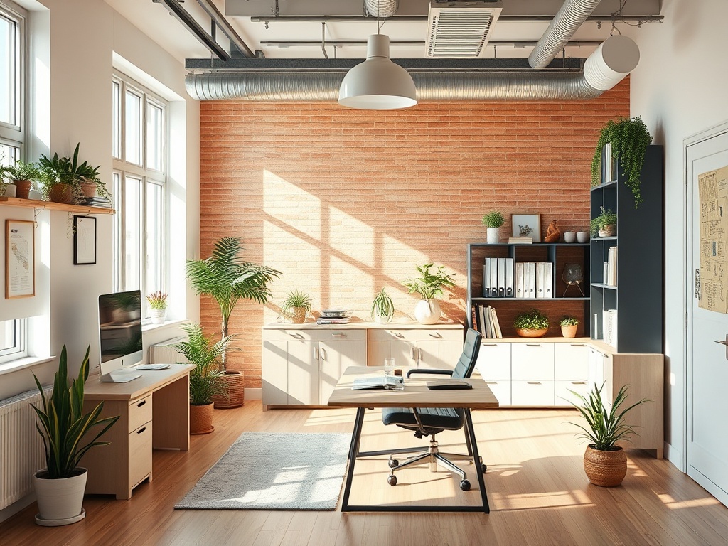 A bright, modern office filled with plants, featuring a desk, computer, and organized shelves against a brick wall.