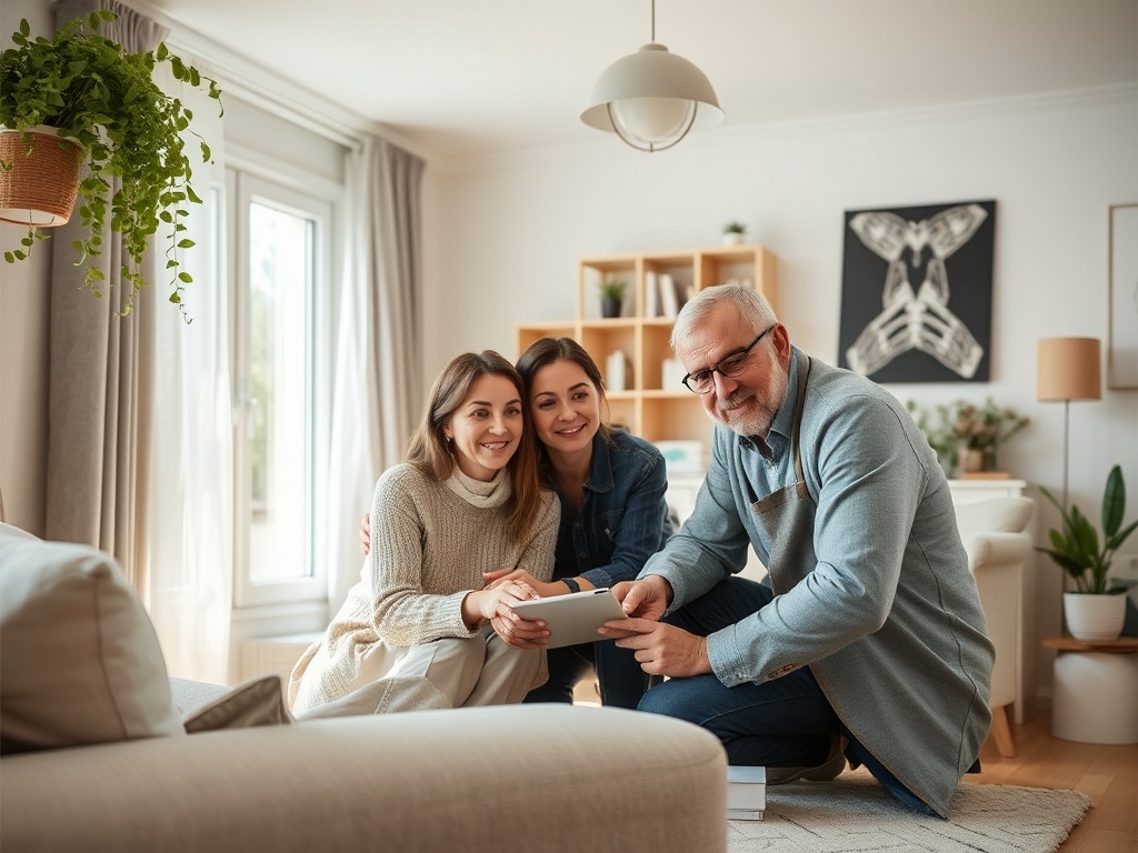 A man and two women smile while looking at a tablet together in a cozy, well-lit living room.