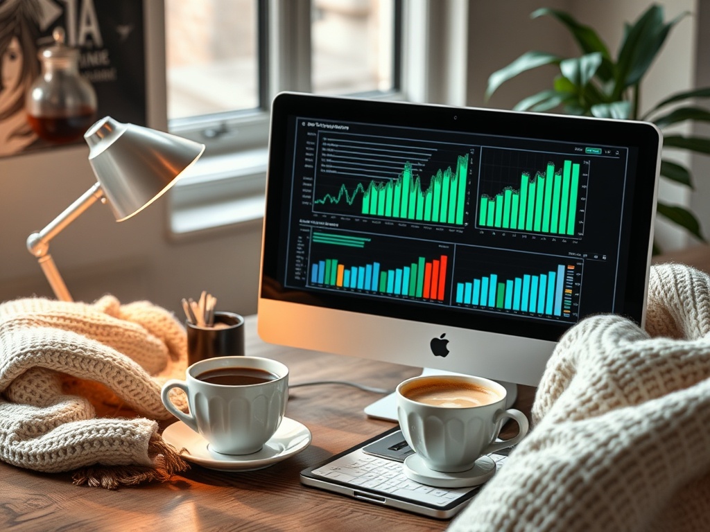 A cozy workspace featuring two coffee cups, a computer displaying colorful graphs, and a warm blanket.