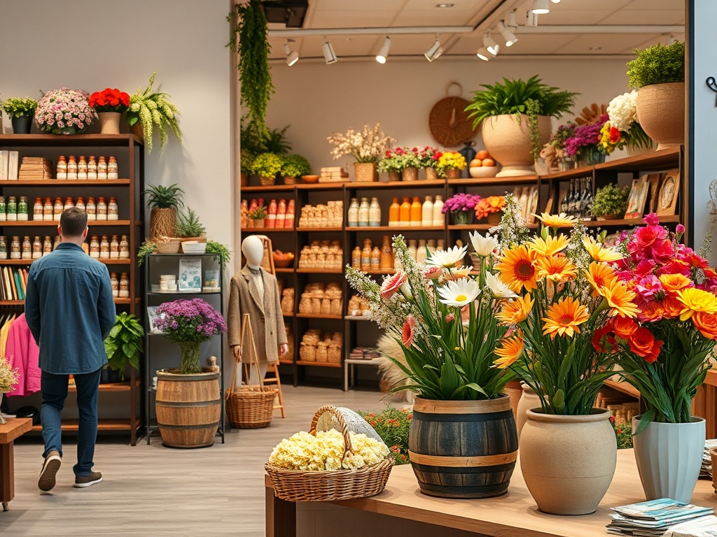 A welcoming floral shop interior filled with colorful flowers, shelves of products, and a customer browsing.