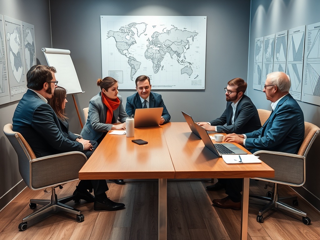 A business meeting with six professionals around a table, discussing while using laptops and documents.