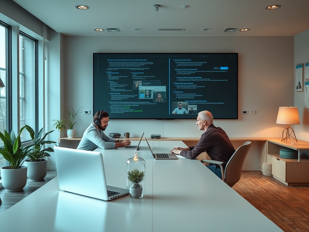 Two people are seated in a modern conference room, engaged in a video call with a large screen displaying information.