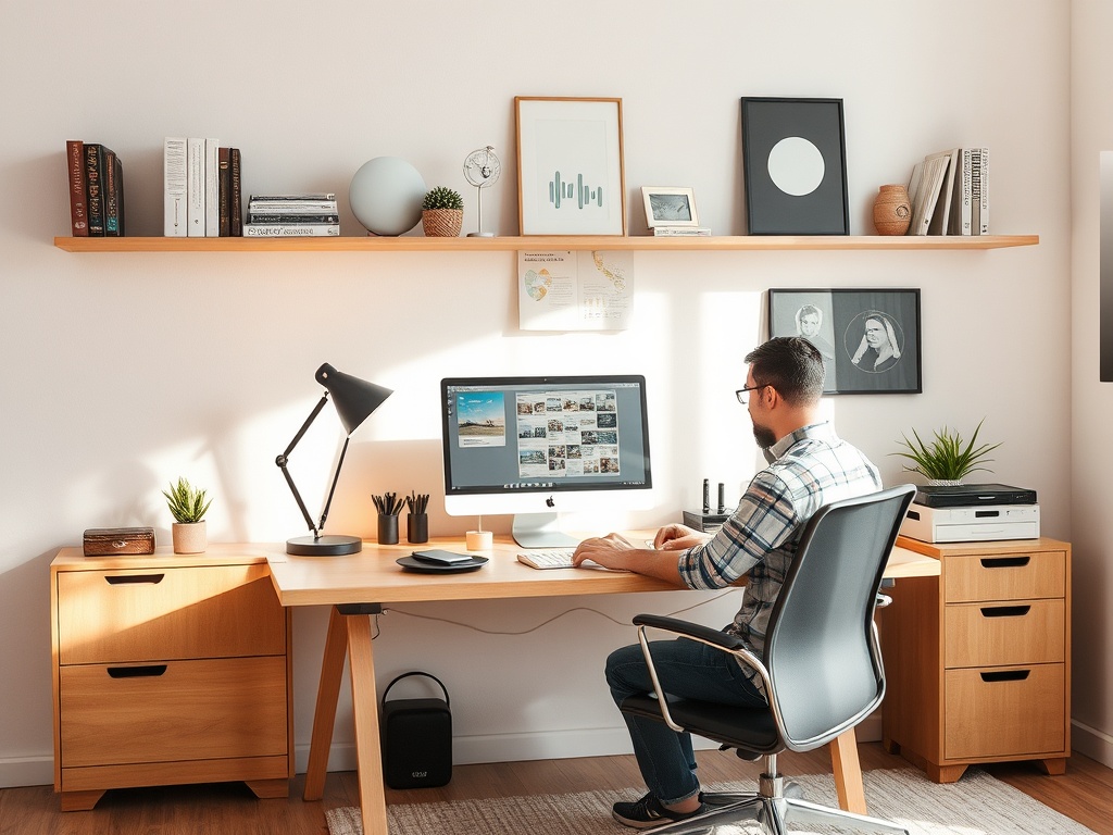 A person works at a modern desk with a computer, surrounded by plants and books in a bright, organized office.