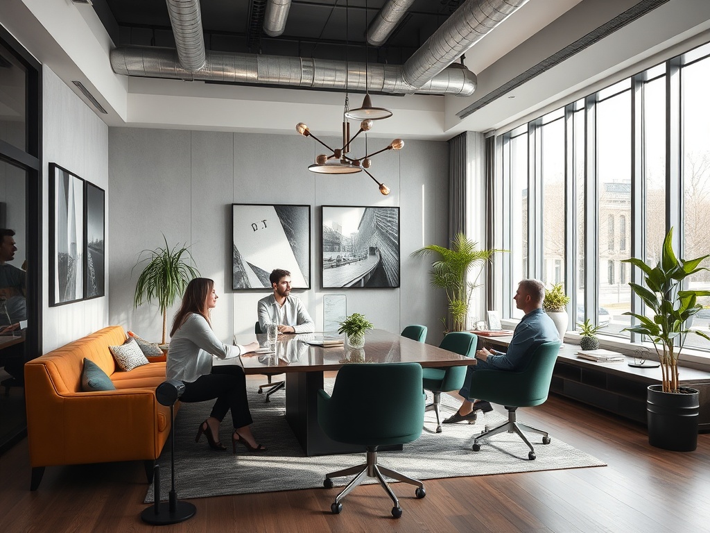 A modern meeting room with four people discussing around a large table, surrounded by plants and large windows.