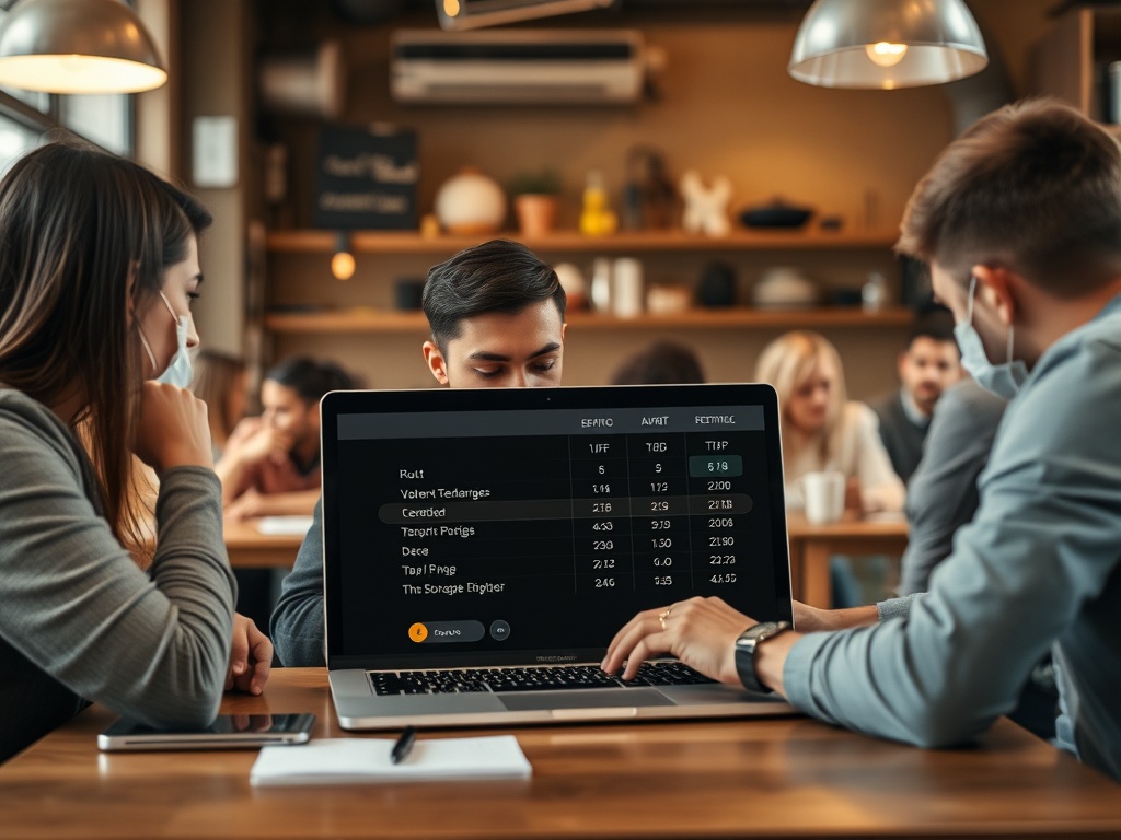 A group of people discuss data displayed on a laptop in a busy café setting, with others seated in the background.